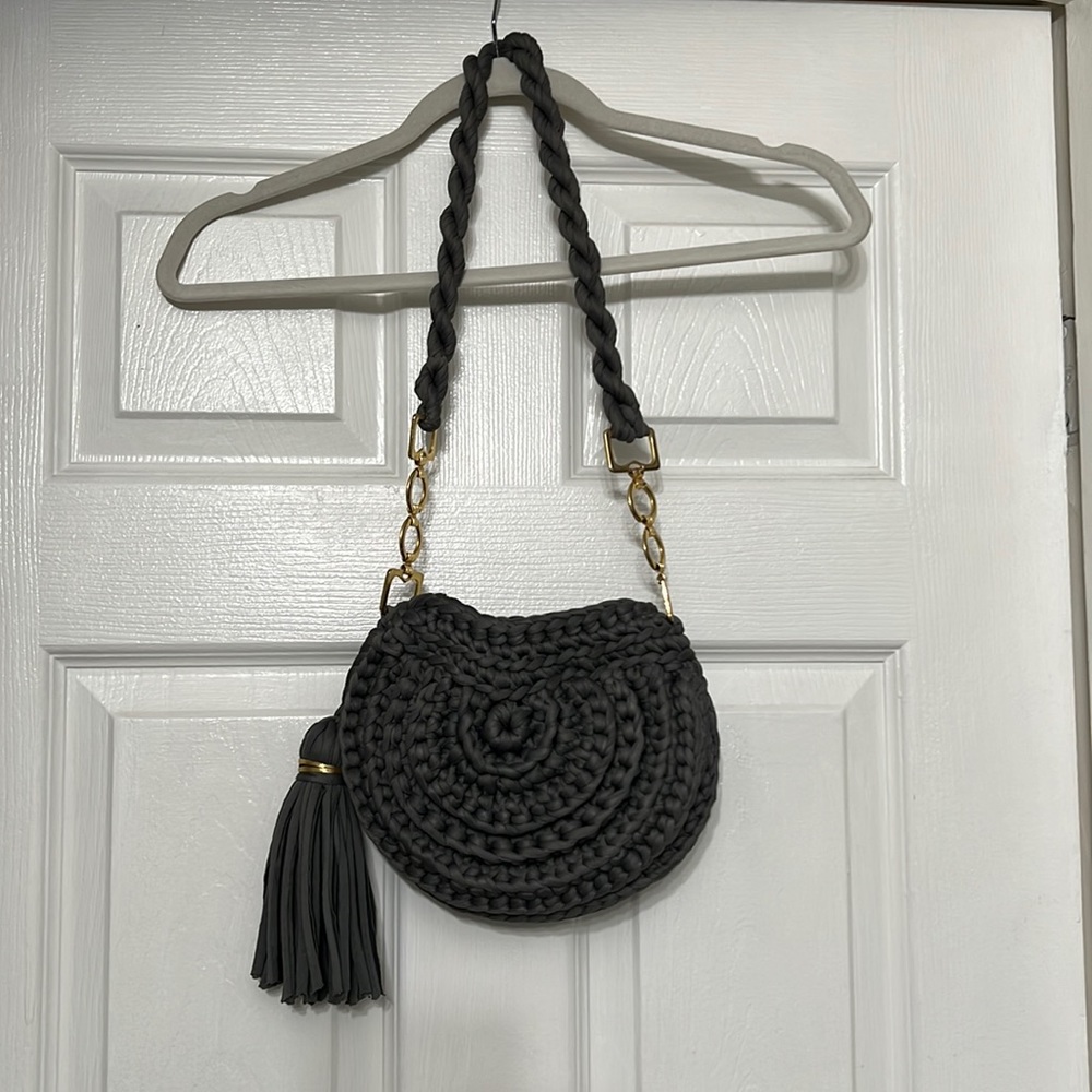 NWOT. Hand Crafted Charcoal Gray Italian Crochet Shoulder Bag with Tassel
